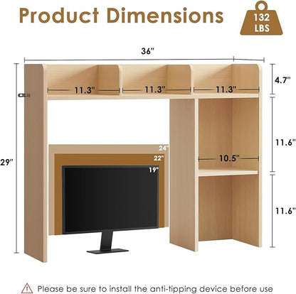 Desktop Bookshelf, Wooden Desk Storage Hutch with 5 Shelves, 3-Tier Desktop Display Organizer Rack for Office Home (Natural, 5 Shelves A)