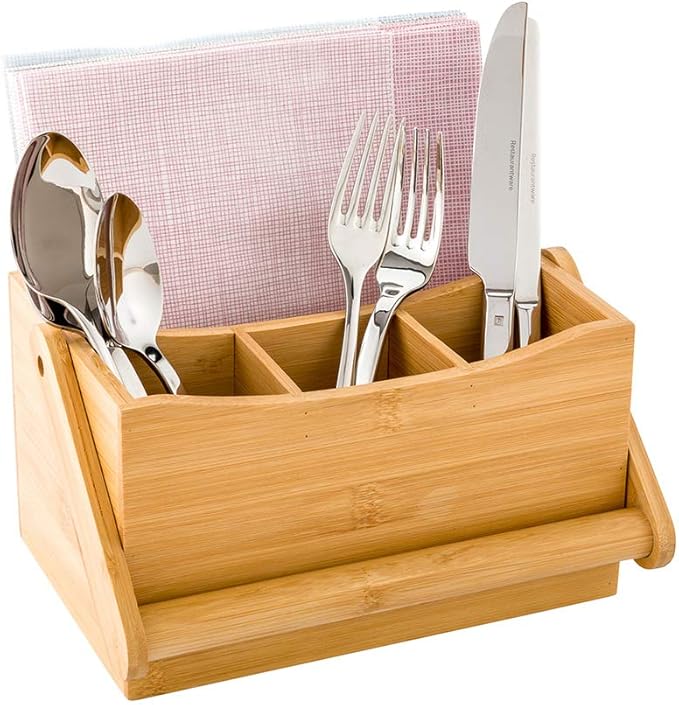 Restaurantware-8.25 x 5 x 9.25 Inch Silverware Caddy With Napkin Holder, 1 Durable Outdoor Utensil Holder - Built-In Handle, 4 Slots, Bamboo Picnic Silverware Holder, For Knives, Forks, And Spoons,