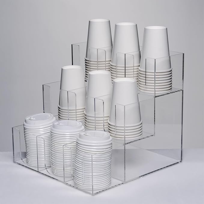 CiaoHER Acylic Coffee Cup and Lid Dispenser with 9 Compartments, Counter Top for Coffee Station to Organize Disposable Cups, for Home or Office Use (Clear)