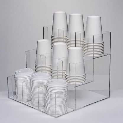 CiaoHER Acylic Coffee Cup and Lid Dispenser with 9 Compartments, Counter Top for Coffee Station to Organize Disposable Cups, for Home or Office Use (Clear)