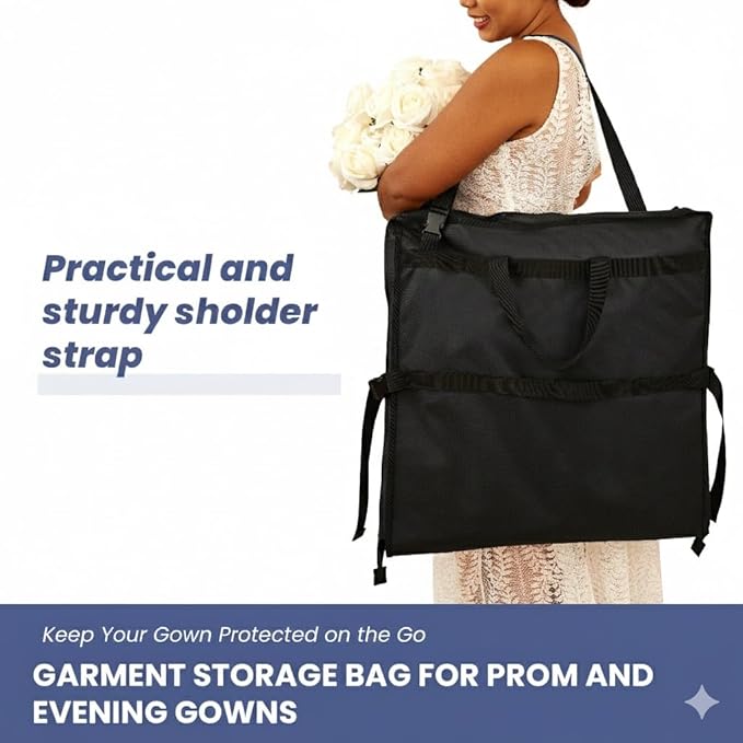 Sturdy Oxford polyester fabric - 72" Wedding Dress Garment Bag - Shoulder Strap - Accessory Pockets - Attaches to Suitcase – Waterproof – Trifold – Designed for Full Skirts – Carry Handle (Black)