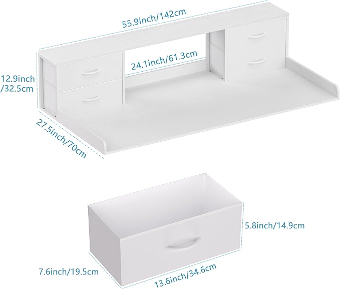 Washer and Dryer Countertop, 27.5“ D x 53.9“ W x 12.9“ H Solid Wood Washer and Dryer Countertop with Organizer Shelves with Four Drawers for Laundry Room Organization (White)
