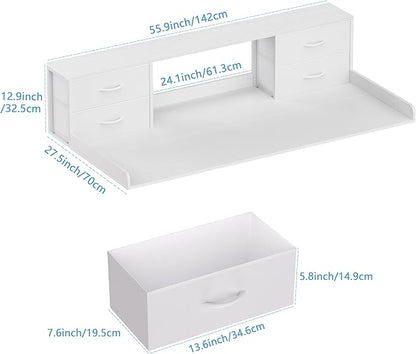 Washer and Dryer Countertop, 27.5“ D x 53.9“ W x 12.9“ H Solid Wood Washer and Dryer Countertop with Organizer Shelves with Four Drawers for Laundry Room Organization (White)