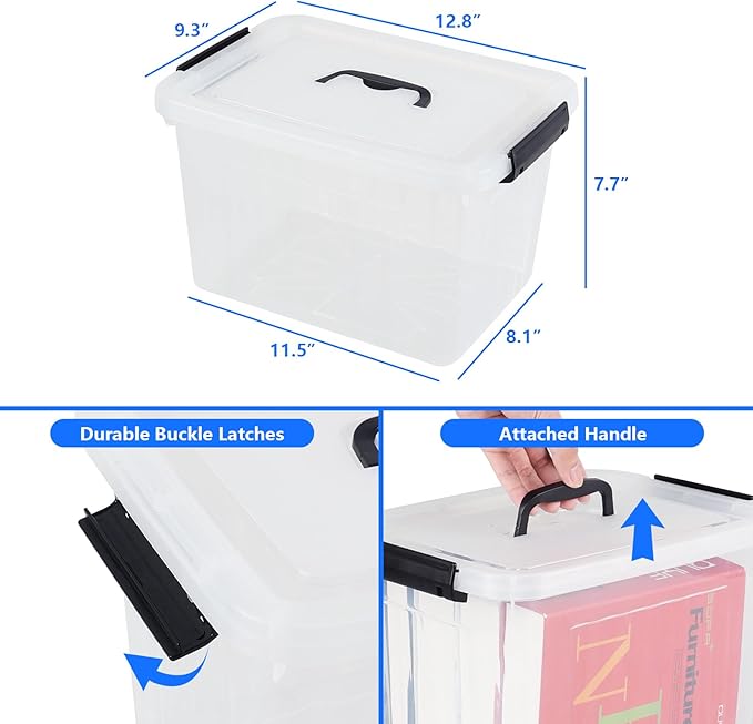 Afromy 6-Pack 12 Quart Latching Box, Clear Storage Bins with Lids, Stackable Storage Containers for Home Pantry Office Organization
