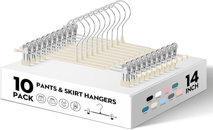 HWAJAN 10PACK 14Inch Pants Hangers with Clips Adjustable Skirt Hangers for Women Metal Non-Slip Trousers Hanger Heavy Duty Space Saving Clothes Hanger for Shorts,Jeans,Lvory
