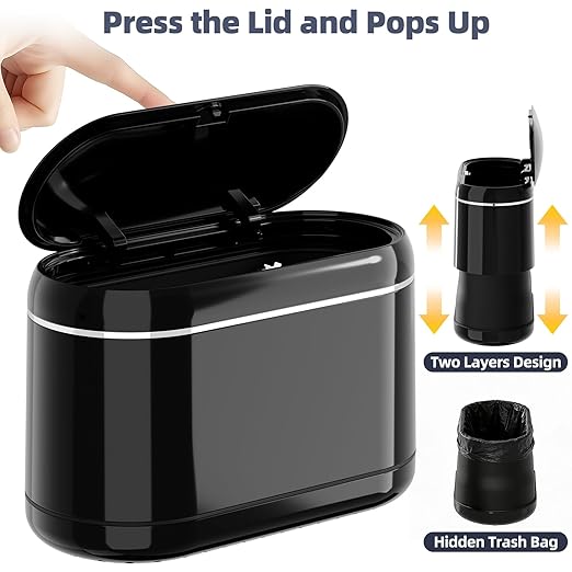 Mini Trash Can for Desk with 5 Rolls of Trash Bags, Small Press-Top Countertop Garbage Bin, Removable Waste Basket for Bedroom, Vanity, Coffee Table, Kitchen (Black Full-Lid)