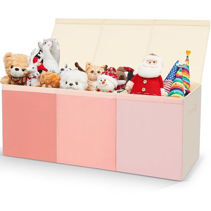 Patelai Extra Large Toy Box Chest with Lids 4/3 Grids Large Chest Collapsible Kids Toy Storage Baskets Gifts for Boys Girls Living Room Nursery Playroom(39 x 13 x 15.7'',Pink Series)