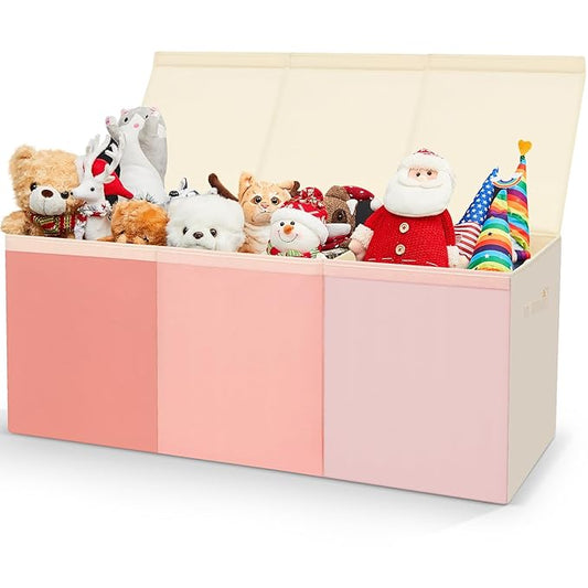 Patelai Extra Large Toy Box Chest with Lids 4/3 Grids Large Chest Collapsible Kids Toy Storage Baskets Gifts for Boys Girls Living Room Nursery Playroom(39 x 13 x 15.7'',Pink Series)
