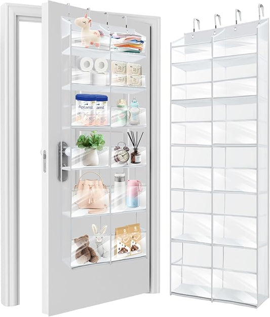 HOMELUX THEORY UPGRADED 6 Tiers Over The Door Organizer Hanging - 100D EXTRA THICK & 50lbs HUGE CAPACITY, 12 Side Mesh Pockets Over The Door Shoe Organizer, Hanging Closet Organizer (Transparent, XL)