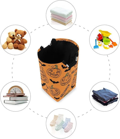 Laundry Hamper Basket Halloween Bats Pumpkin Orange Storage Basket Collapsible Clothes Hamper with Handle Decorative Blanket Basket for Living Room Toys Pillows Clothes
