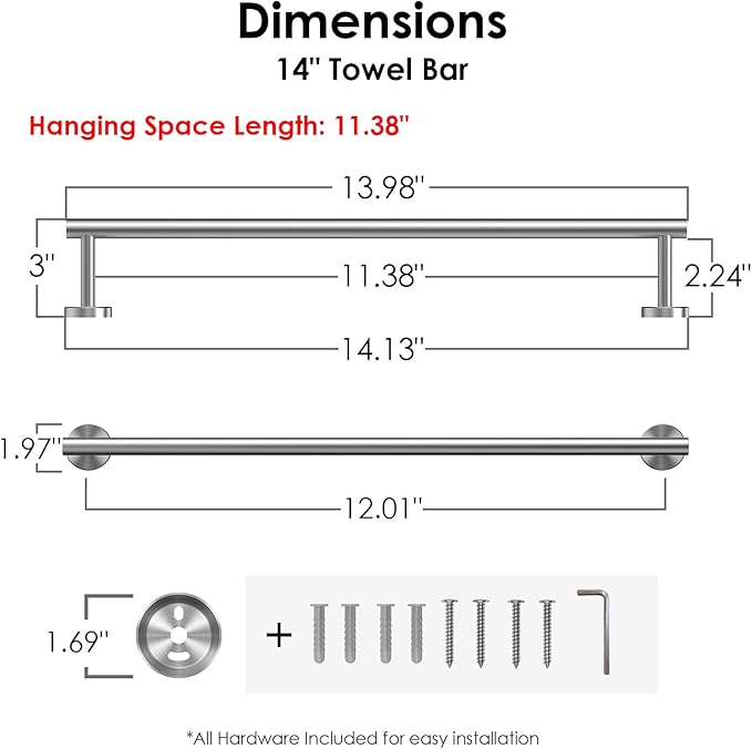 FORIOUS Towel Bar Wall Mounted, Stainless Steel Towel Racks for Bathroom, Includes Wall Mounting Hardware (Brushed Nickel, 14 Inch)