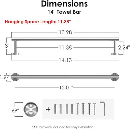 FORIOUS Towel Bar Wall Mounted, Stainless Steel Towel Racks for Bathroom, Includes Wall Mounting Hardware (Brushed Nickel, 14 Inch)
