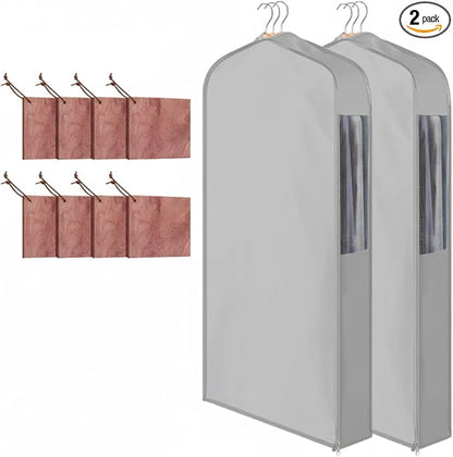 2 Set 40in Short Cotton Garment Bags, 6in Wide Gusset Hanging Storage Clothes with 8 Cedar Blocks, Transparent Mesh Window, Breathable Closet Bags for Fur Coat Suit Sweater Dress, Gray