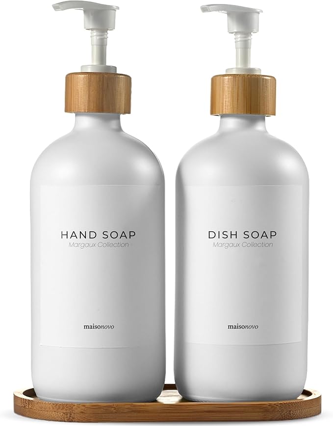 MaisoNovo Glass Soap Dispenser Bathroom Set | Hand Soap and Dish Soap Dispenser Set | 16.9oz White Bottles with White Bamboo Pump | Bathroom Lotion Dispenser with Pump Set of 2