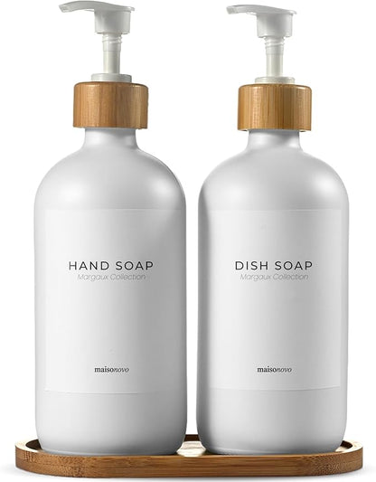 MaisoNovo Glass Soap Dispenser Bathroom Set | Hand Soap and Dish Soap Dispenser Set | 16.9oz White Bottles with White Bamboo Pump | Bathroom Lotion Dispenser with Pump Set of 2