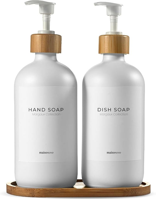 MaisoNovo Glass Soap Dispenser Bathroom Set | Hand Soap and Dish Soap Dispenser Set | 16.9oz White Bottles with White Bamboo Pump | Bathroom Lotion Dispenser with Pump Set of 2