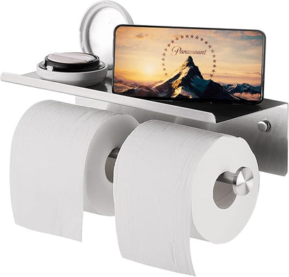YUMORE Toilet Paper Holder, 304 Stainless Steel Bathroom Double Roll Tissue Holder with Shelf, Wall Mounted Washroom Dual TP Dispenser Storage, Flushable Wipes Dispenser, Brushed Nickel Finish
