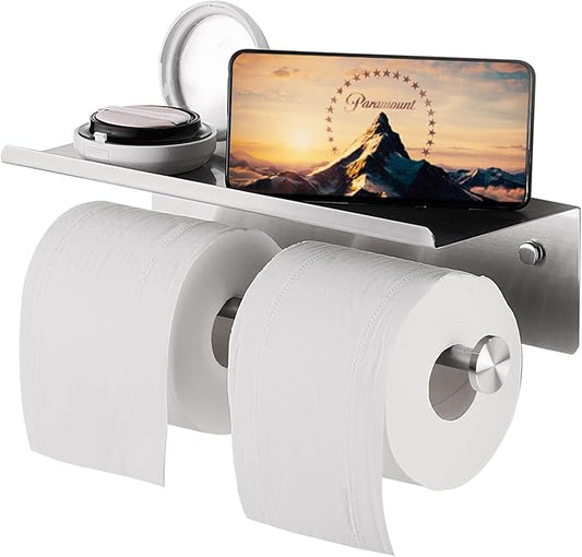 YUMORE Toilet Paper Holder, 304 Stainless Steel Bathroom Double Roll Tissue Holder with Shelf, Wall Mounted Washroom Dual TP Dispenser Storage, Flushable Wipes Dispenser, Brushed Nickel Finish