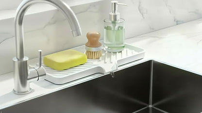 Happitasa Silicone Soap Dish Tray and Sponge Holder with Drain Chute and Feet | 3-Way Sloped Design | Bathroom and Kitchen Sink Organizer Caddy (White, 10"x4")