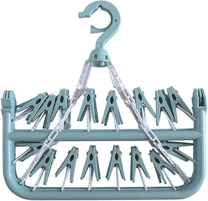 Clothes Drying Hanger with 32 Clips and Drip Foldable Hanging Rack (Light Blue)