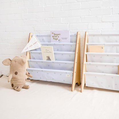 3 Sprouts Recycled Fabric Kids Bookshelf – 4-Tier Sling Book Rack Organizer - Nursery Room Playroom Classroom Wooden Book Shelves - Kid Bookcase Wood Storage Shelf for Toddler Age 3+ - Blueberry Taupe