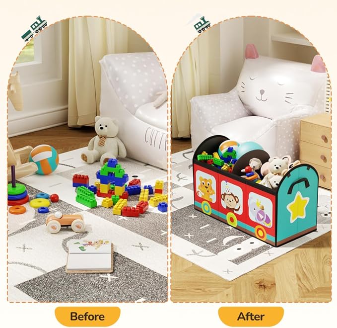 YOHOOLYO Toy Storage Organizer for Kids, 28.3x12.6x17.3 Large Sturdy Flip-Top Toy Box with Fabric Lid & Handles, Cute Train Design Toy Chest Bin Box Baskets for Playroom, Nursery, Boys, Girls