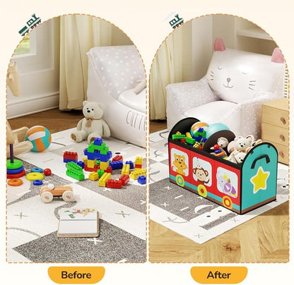 YOHOOLYO Toy Storage Organizer for Kids, 28.3x12.6x17.3 Large Sturdy Flip-Top Toy Box with Fabric Lid & Handles, Cute Train Design Toy Chest Bin Box Baskets for Playroom, Nursery, Boys, Girls