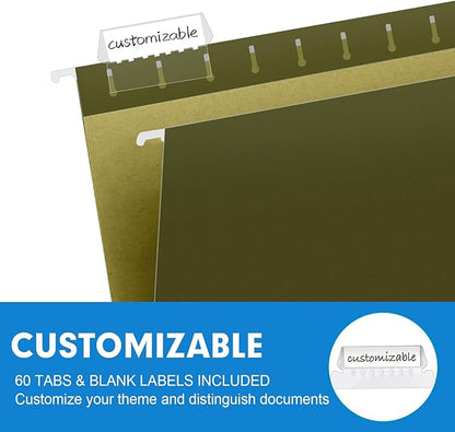 Extra Capacity Hanging File Folders, RAZCC 60 Pack Letter Size Reinforced Hanging Folders with Heavy Duty 1 Inch Expansion for Bulky Files, Filing Cabinet, Adjustable Tabs, Green