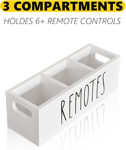 CHONIC Remote Control Holder, Farmhouse Remote Storage Caddy, Bedside TV Controller Box, Rustic Wood Media Organizer Tray for Home Bedroom Table (White)