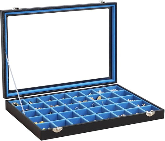 Stratalife Jewelry Organizer 40 Grid Blue Black Jewelry Tray with Clear Dust-proof Lid Velvet Earring Organizer Necklace Rings Holder Display Drawer Storage Case for Women
