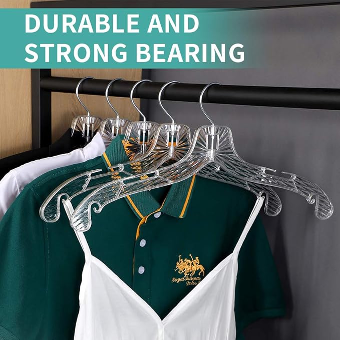Perfecasa Crystal Clear Plastic Hangers - 20 Pack, Non-Slip, Heavy Duty, Open Notch Shirt & Dress Hangers with Diamond Crystal Cut Pattern