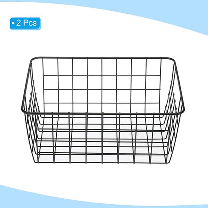 PATIKIL Kitchen Wire Basket, 2 Pack 11"L 9"W Pantry Organization Metal Storage Organizer Household Refrigerator Bin with Handles for Cabinets Closets Bedrooms, Black