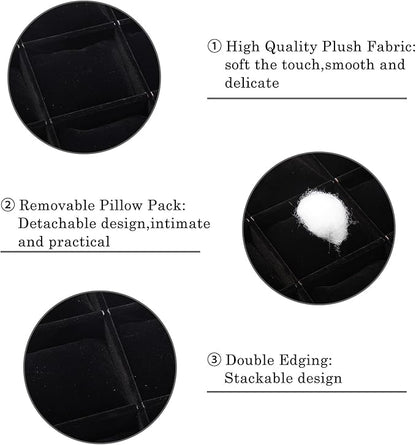 Polmart Stackable 12-Grid Jewelry Tray with Pillow, Black Velvet (2-Pack)