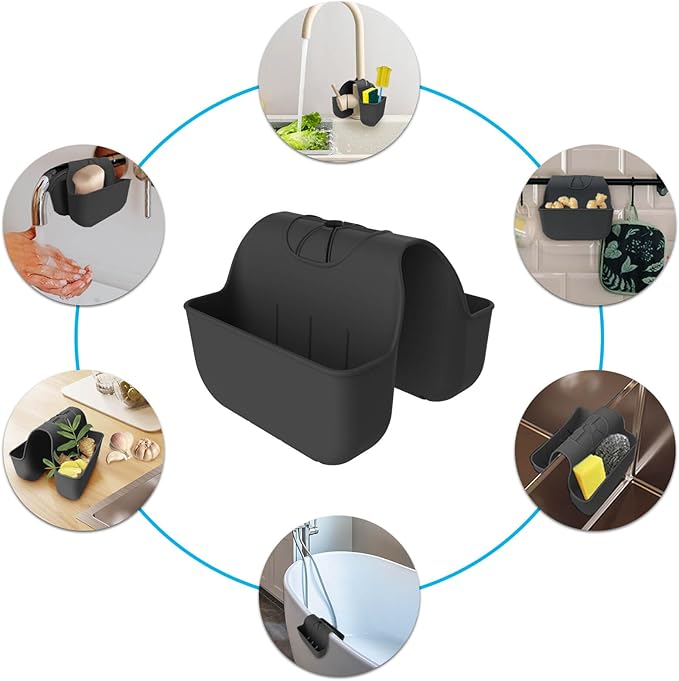 VPASION Sponge Holder for Kitchen Sink, Silicone Sink Saddle Caddy Organizer Rack, Sponges Holder Over Faucet, Hanging Kitchen Organizer Accessories Rack Basket Black