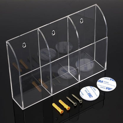 Hipiwe Wall Mount Remote Control Holder Clear Acrylic Media Organizer Storage Box Coffee Table and Nightstand Convenient Remote Control Caddy (Three Compartments)