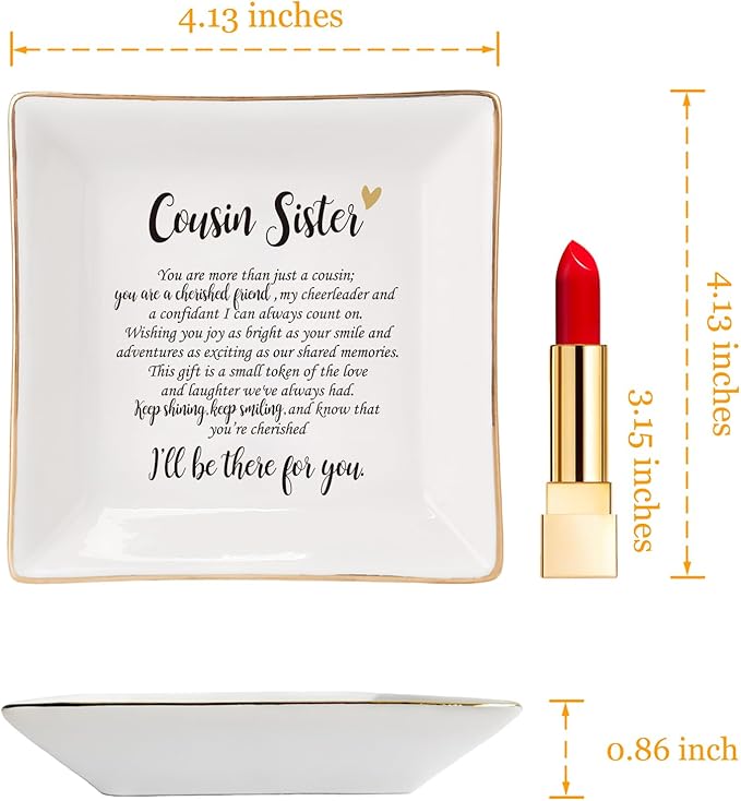 HOME SMILE Cousin Sister Gifts Mother's Day,Ceramic Ring Jewelry Dish Tray Plate for Birthday Graduation Christmas Wedding-You are More Than Just a Cousin,You Are a Chrished Friend