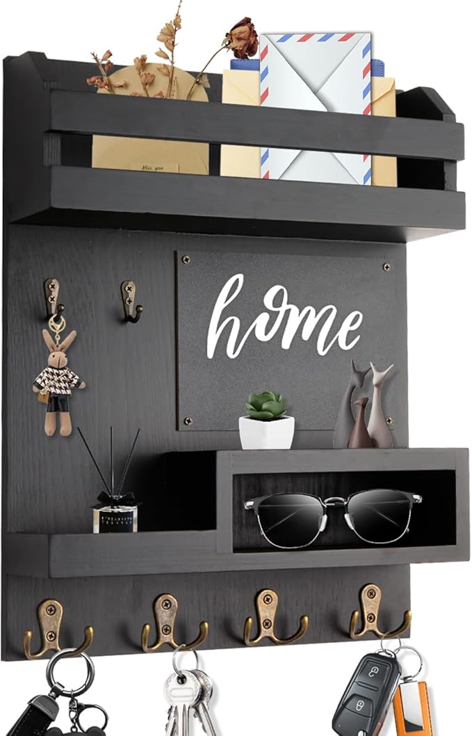 Large Key and Mail Holder Wall Mount, 12.5x16.5 Inch Solid Wood Key Racks for Entryway, Front Door, Hallway, Wall Organizer (Matte Black)