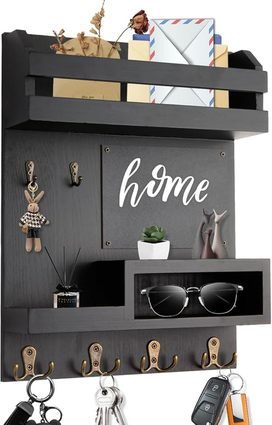 Large Key and Mail Holder Wall Mount, 12.5x16.5 Inch Solid Wood Key Racks for Entryway, Front Door, Hallway, Wall Organizer (Matte Black)