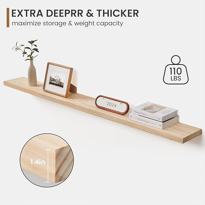 Fun Memories Floating Shelves 72 Inches Long - 8 Inch Deep Rustic Solid Wood for Storage - Farmhouse Wall Mounted for Living Room - Heavy-Duty Metal Bracket - 72" W x 8" D - Natural Unfinished for DIY
