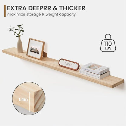 Fun Memories Floating Shelves 72 Inches Long - 8 Inch Deep Rustic Solid Wood for Storage - Farmhouse Wall Mounted for Living Room - Heavy-Duty Metal Bracket - 72" W x 8" D - Natural Unfinished for DIY