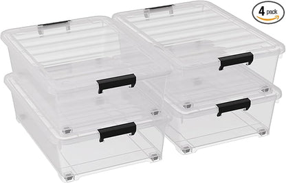 Uumitty 25 Quart Under Bed Clear Latch Bin with Wheel, Plastic Under Bed Storage Box, 4 Pack