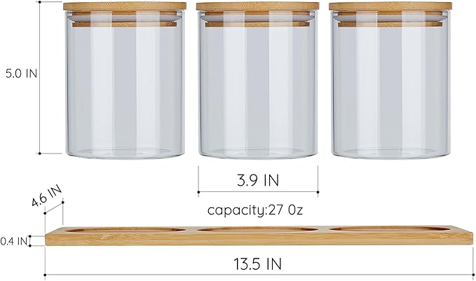 SANQIAHOME Glass Coffee Sugar Containers with Shelf, 3 x 27 OZ Coffee Bean Storage Station Organizer,Airtight Seal,Food Storage Jar for Kitchen