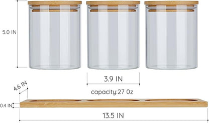 SANQIAHOME Glass Coffee Sugar Containers with Shelf, 3 x 27 OZ Coffee Bean Storage Station Organizer,Airtight Seal,Food Storage Jar for Kitchen