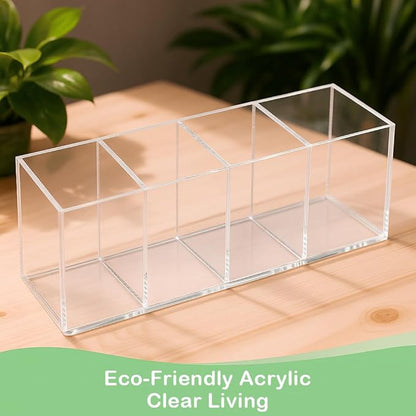 elysolpluv Clear Acrylic 4-Compartment Organizer Box, Small (7.9" × 2.7" × 3.5") – Handcrafted, Eco-Friendly, Minimal Packaging Compact Storage Organizer