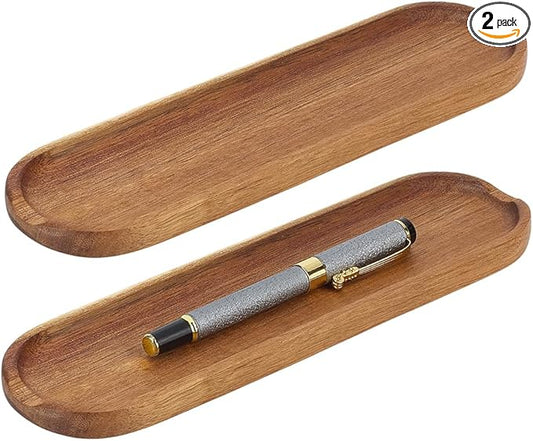 OLYCRAFT 2Pcs Wooden Pen Tray Brown Pens Tray Minimalist Pen Rest Oval Wooden Pens Trays Acacia Wood Pencil Trays Wood Desk Accessories for Home Office Desk Workspace Organization Supplies
