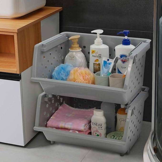 4-Pack Large Plastic Stackable Storage Basket, Plastic Kitchen Stacking Baskets, Grey