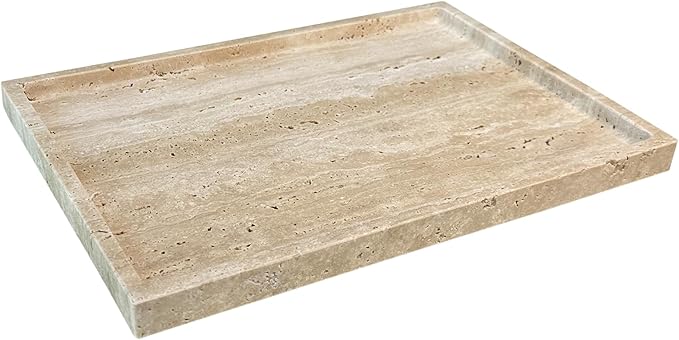 OAIQNUJ Travertine Stone Tray for Coffee Table, 12 x 8 inch Rectangle Marble Vanity Tray for Bathroom Countertop, Decorative Dish for Perfume Jewelry (Beige Travertine)