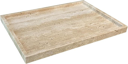 OAIQNUJ Travertine Stone Tray for Coffee Table, 12 x 8 inch Rectangle Marble Vanity Tray for Bathroom Countertop, Decorative Dish for Perfume Jewelry (Beige Travertine)