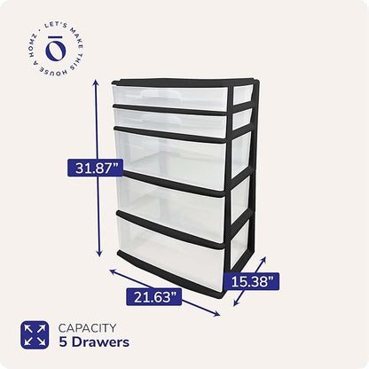HOMZ Drawer Tower, 5-Tier Extra-Wide Clear Plastic Storage Organizer Cart, Black Frame - Stackable Container Boxes for Bedroom, Bathroom, Garage, and Office Organization