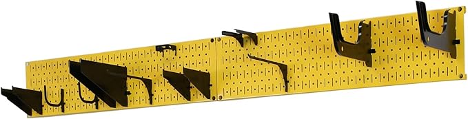 Wall Control Garage Storage Rack Lawn & Garden Tool Organization Wall Mount Organizer - Easy to Install 64" Wide Colorful Metal Peg Board Set (Yellow Pegboard)